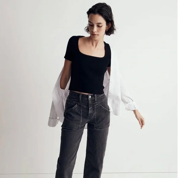 2 Madewell Square-Neck Crop Sweater Tee Black & White Size S - Picture 4 of 9